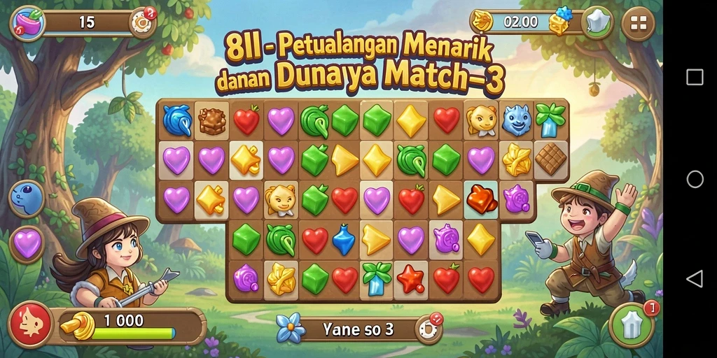 Gameplay seru Match-3 yang penuh warna dan tantangan.