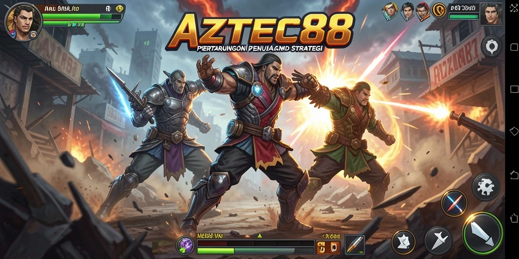 Screenshot AZTEC88 menampilkan pertarungan seru dengan karakter yang dinamis.