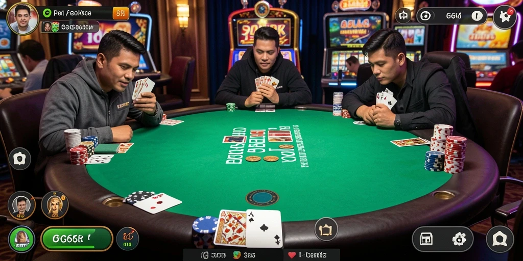 Tampilan gameplay seru di G668 dengan pemain poker berkompetisi.