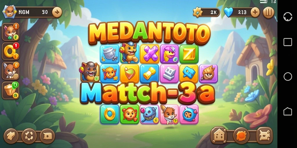 Tampilan gameplay seru di MEDANTOTO dengan kombinasi permata berwarna-warni.