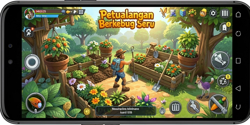 Tangkapan layar gameplay MG525 menampilkan kebun indah dan aktivitas pertanian.