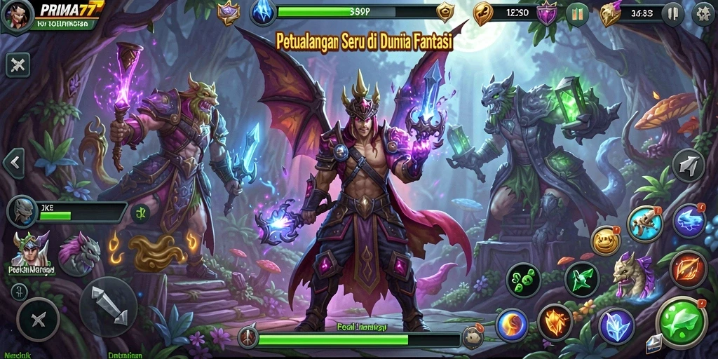 Screenshot gameplay PRIMA77 menampilkan eksplorasi dunia petualangan.