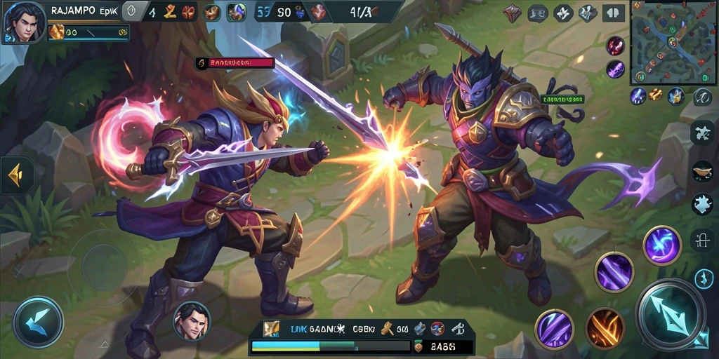 Screenshot gameplay RAJAMPO menampilkan aksi seru di arena MOBA.